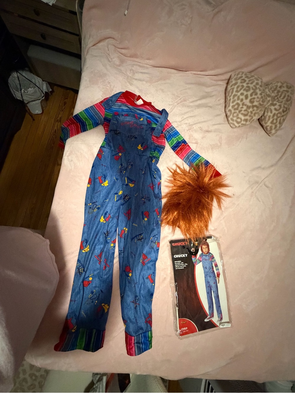 Spirit Kids Chucky Costume Blue Red Multi-Color Overalls with Wig